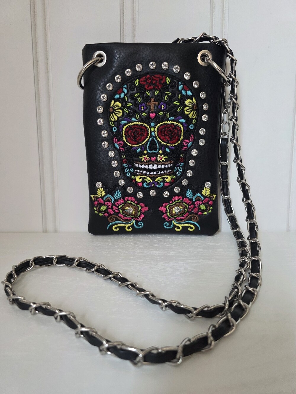 P&G Sugar Skull Crossbody Bag Colorful Embroidered Chain Strap